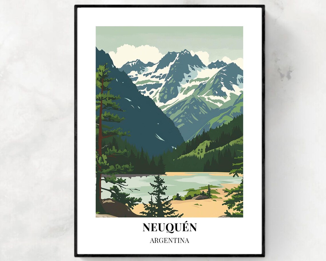 Neuquén Argentina Snowy Peaks and Pine Lakeside Travel Poster