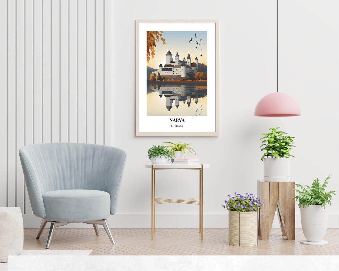 Narva Estonia Minimalist Castle Reflection Lake Birds Travel Poster - Image 2