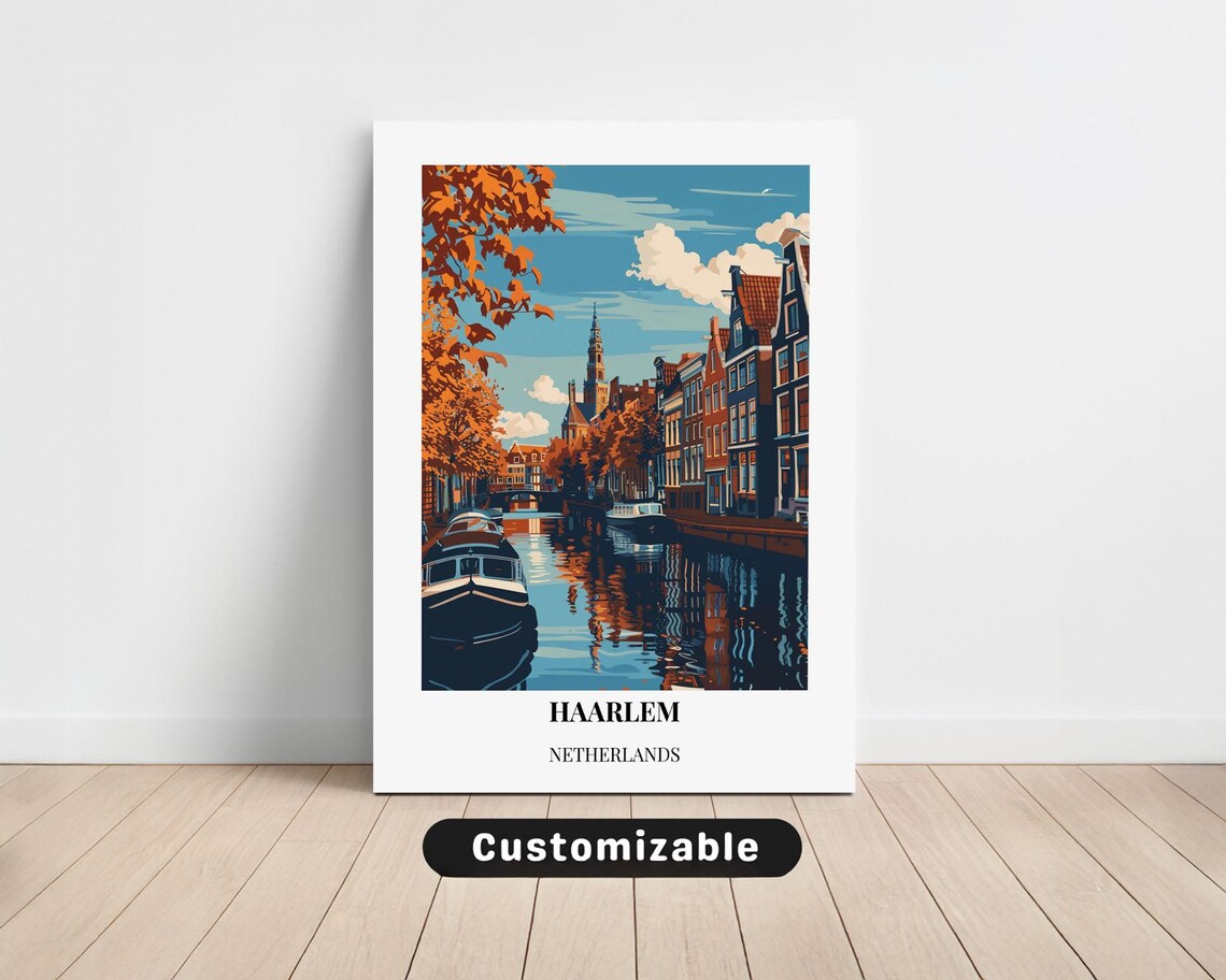 Haarlem Netherlands Canal Autumn Boats Custom Travel Art Poster