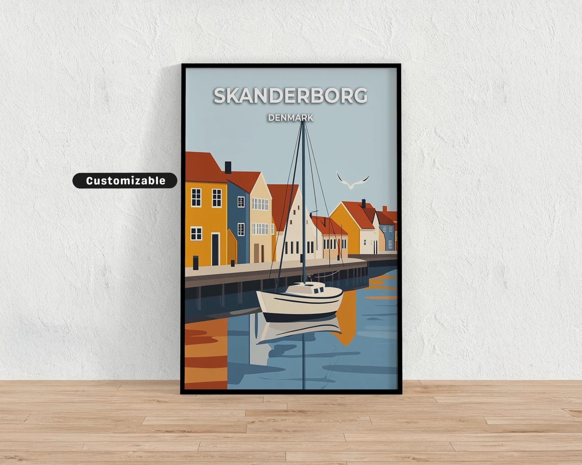 Skanderborg Denmark Waterfront Sailboat Colorful Harbor Travel Poster