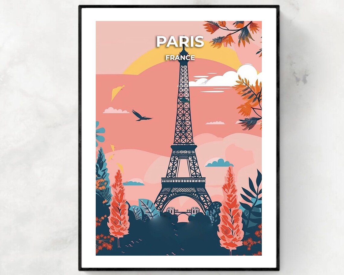 Paris France Eiffel Tower Sunset Blossom Pink Sky Travel Poster