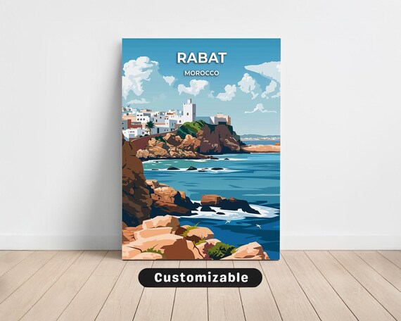 Rabat Morocco Coastal Cliffs Kasbah Ocean Waves Customizable Travel Poster