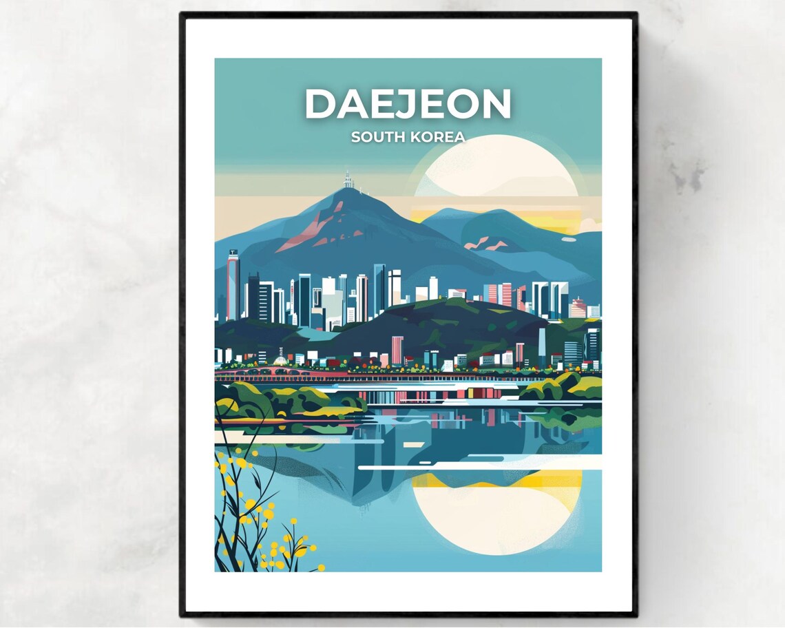Daejeon South Korea City Skyline Mountain Sunset Travel Poster