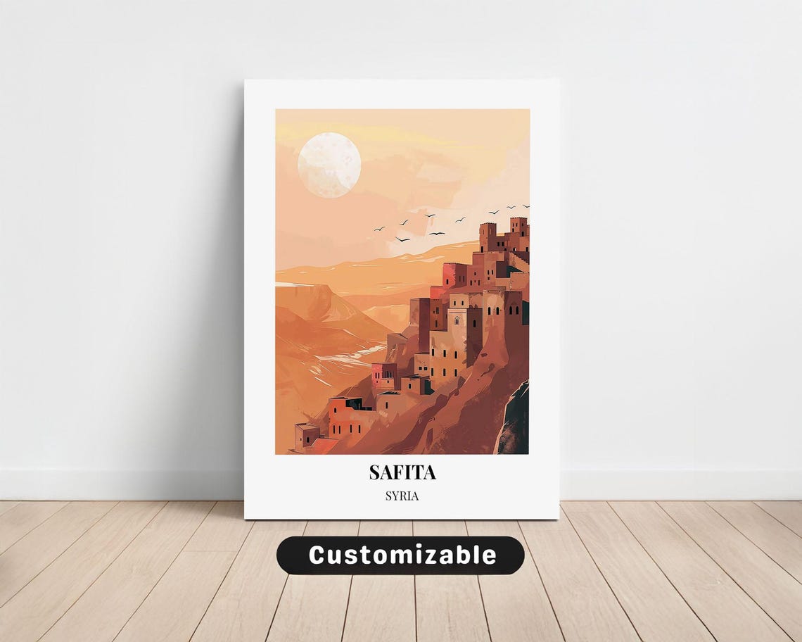 Safita Syria Sunset Hillside Stone Village Moon Sky Art Poster