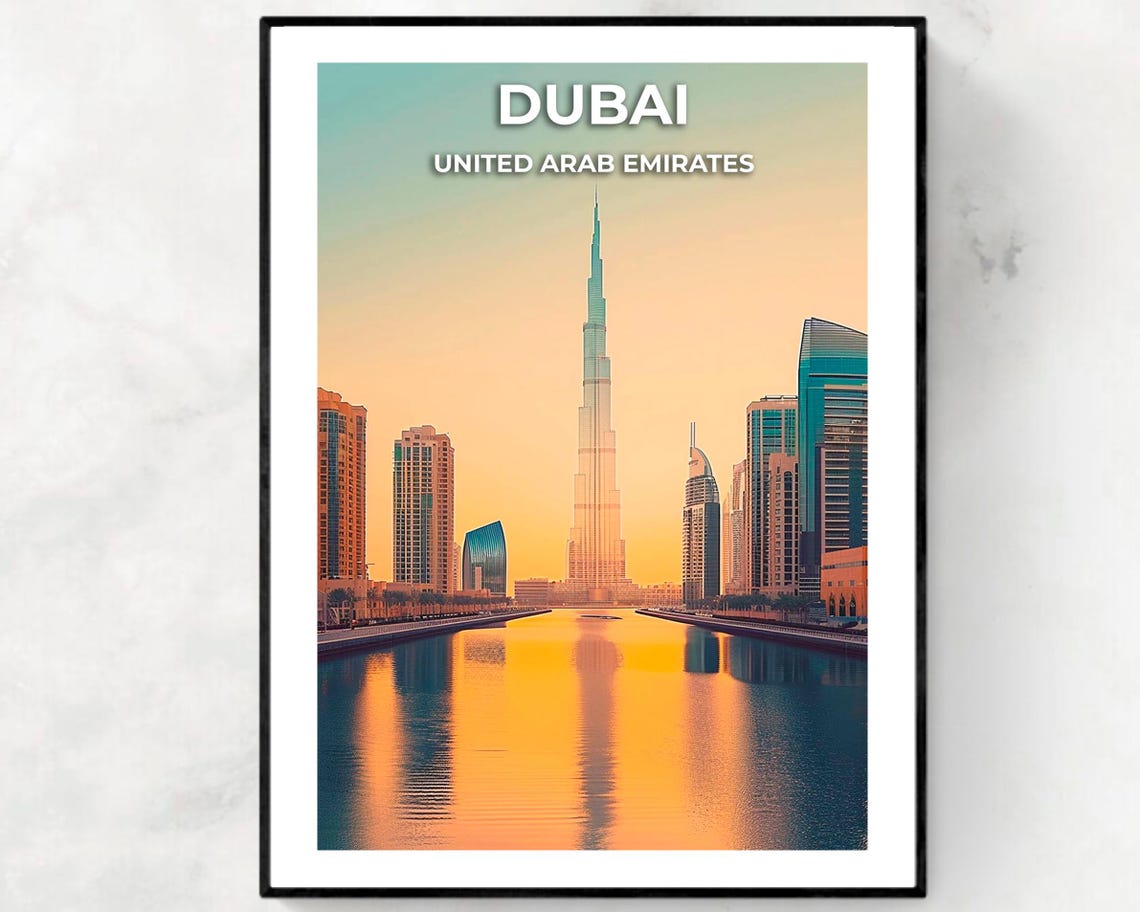 Dubai Burj Khalifa Skyline Golden Sunset Canal Reflection Poster