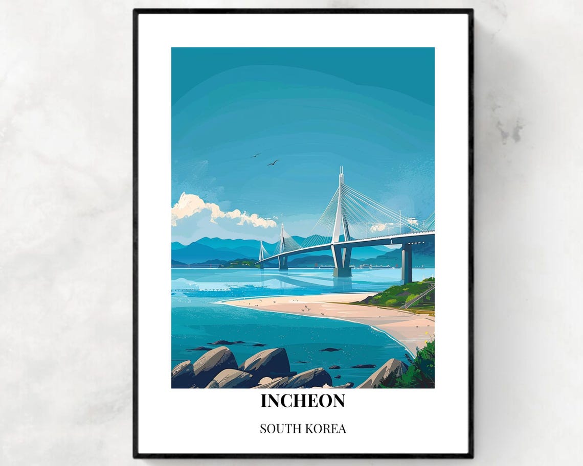 Incheon Bridge South Korea Coastal Beach Scenic Travel Poster