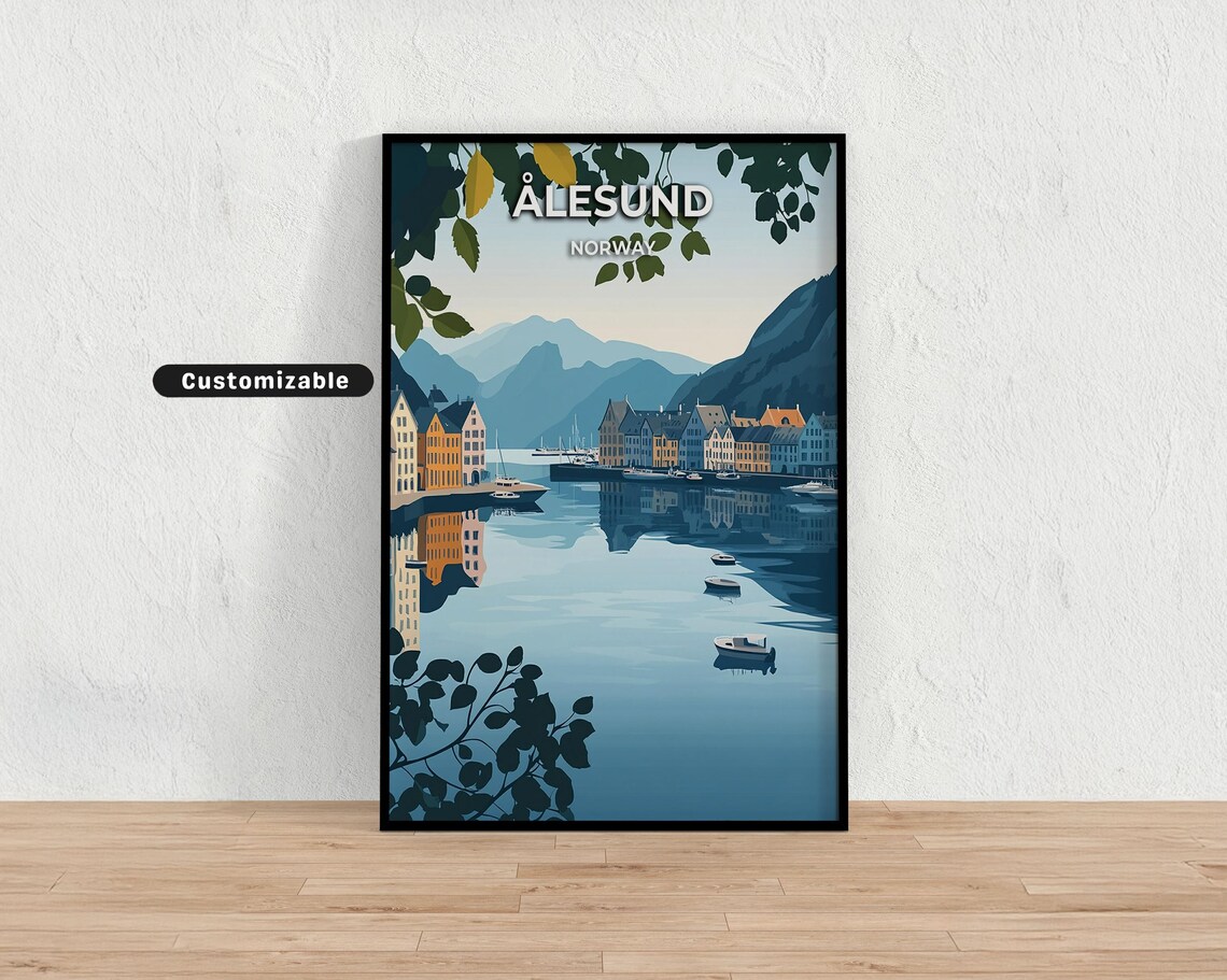 Ålesund Norway Waterfront Fjord Town Modern Travel Art Poster