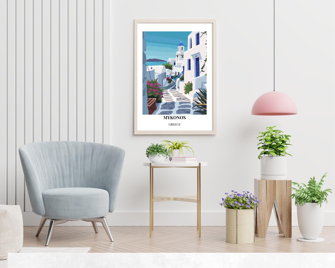 Mykonos Greece Whitewashed Alley Blue Domes Flowers Sea Travel Poster - Image 2