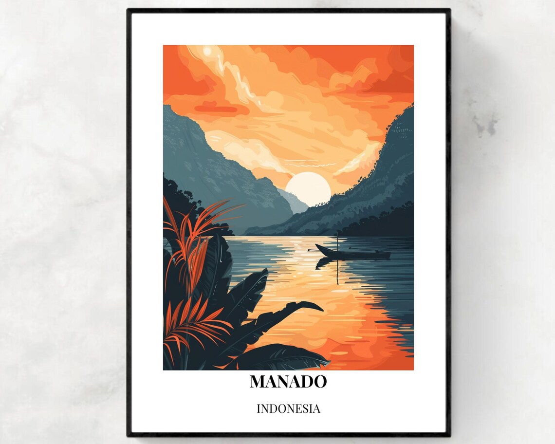 Manado Indonesia Bunaken Bay Sunset Boat Silhouette Travel Poster