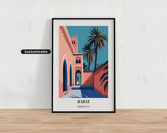 Rabat Morocco Pink Courtyard Palm Trees Customizable Travel Wall Poster