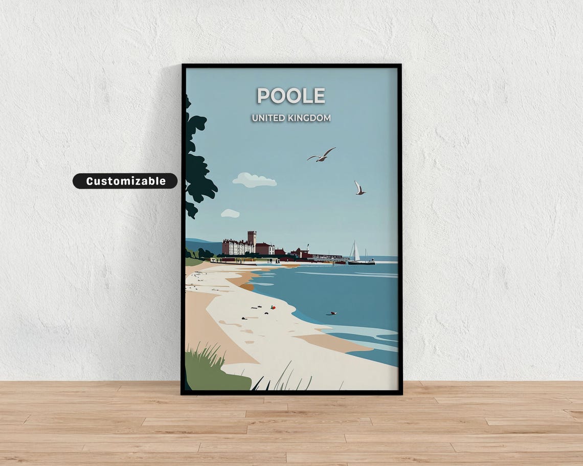 Poole United Kingdom Sandy Beach Harbor Seagulls Coastal Poster
