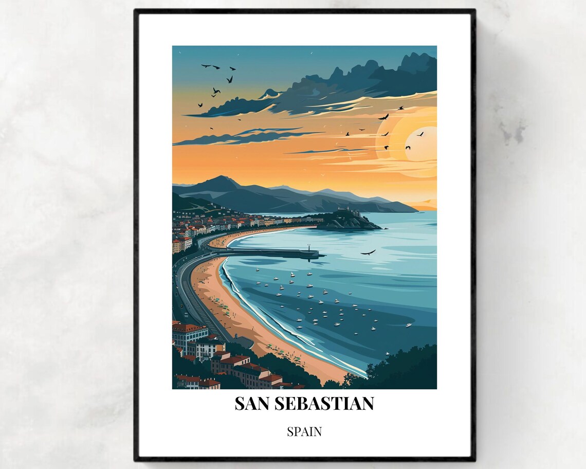 San Sebastian Spain Beach Bay Sunset View Vintage Travel Poster