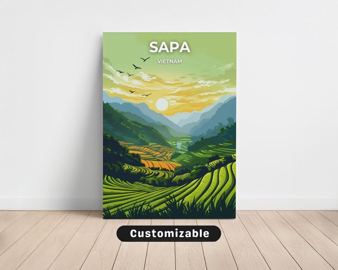 Sapa Vietnam Rice Terraces At Sunset With Flying Birds Travel Poster