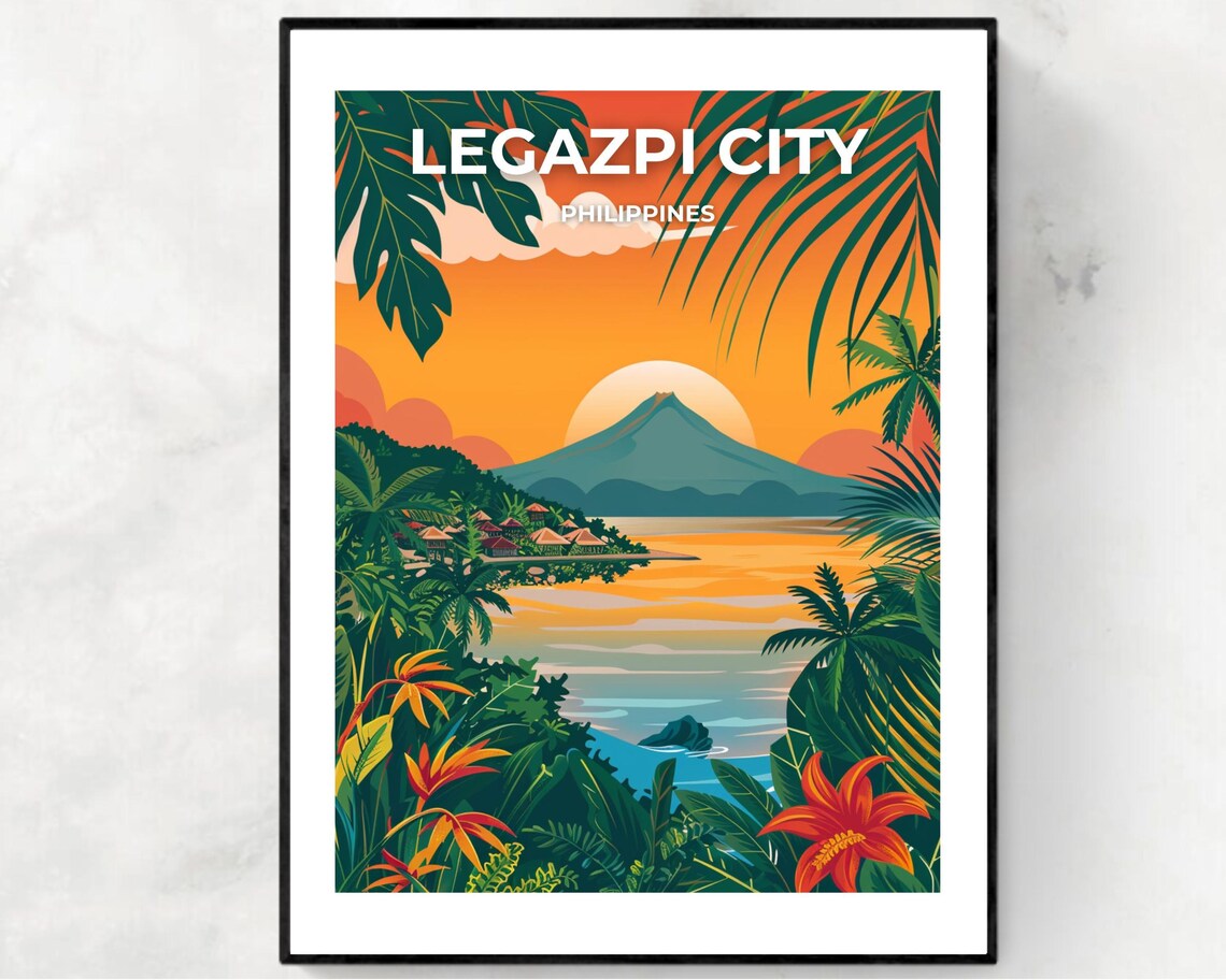 Legazpi City Philippines Mayon Volcano Bay Golden Sunset Travel Poster