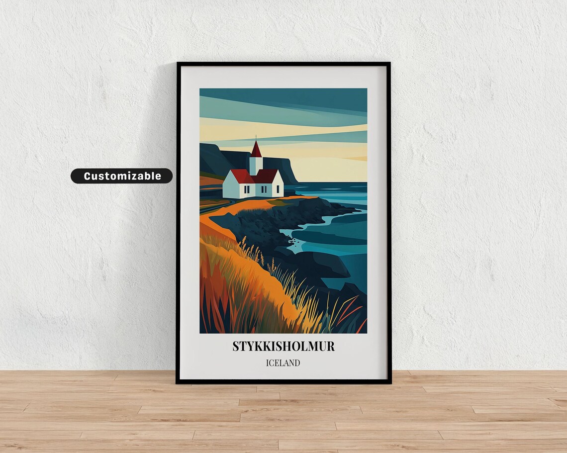 Stykkisholmur Iceland Red Roof Church Rocky Coast Art Poster