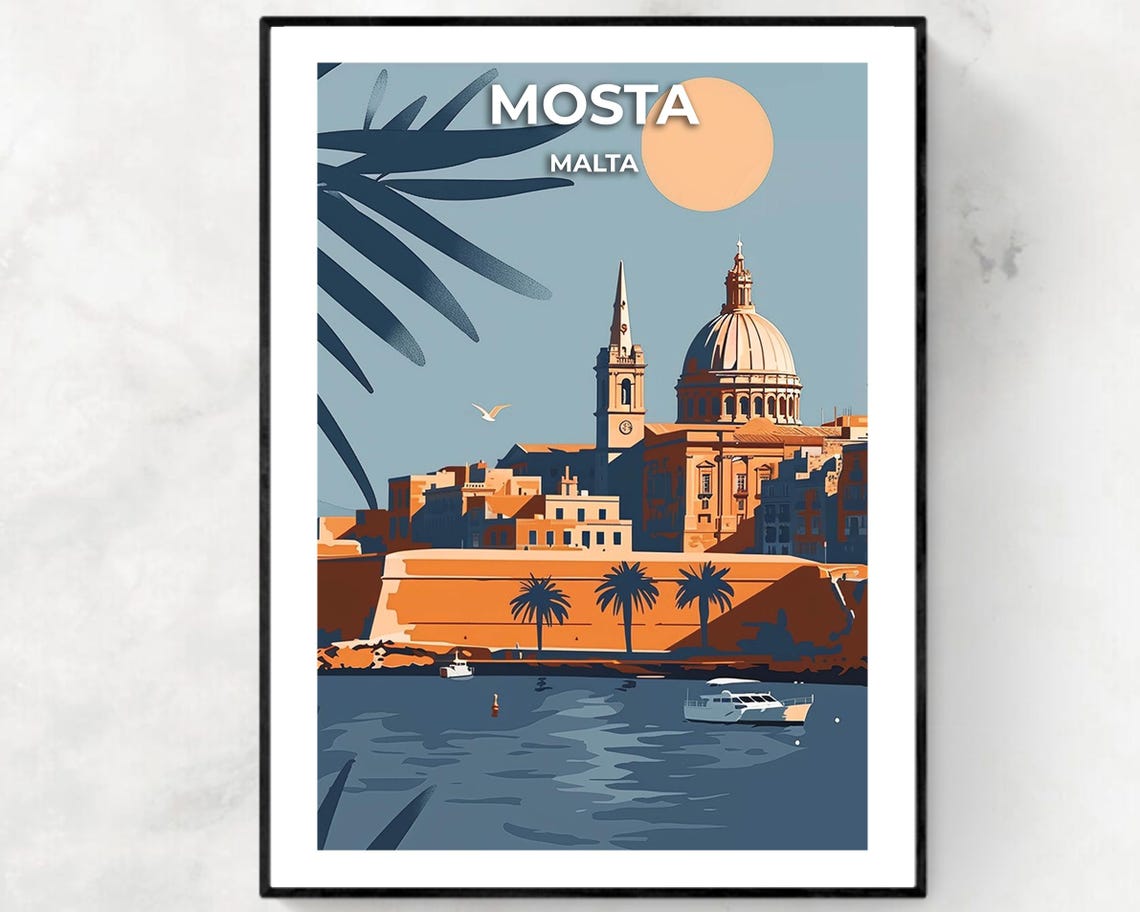 Mosta Malta Domed Basilica Harbor Sunset Palm Silhouette Poster