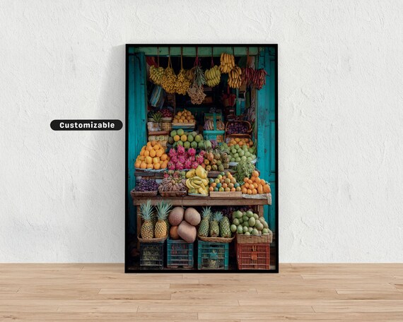 Colorful Fruit Stand Market Overflowing Fresh Produce Art Poster