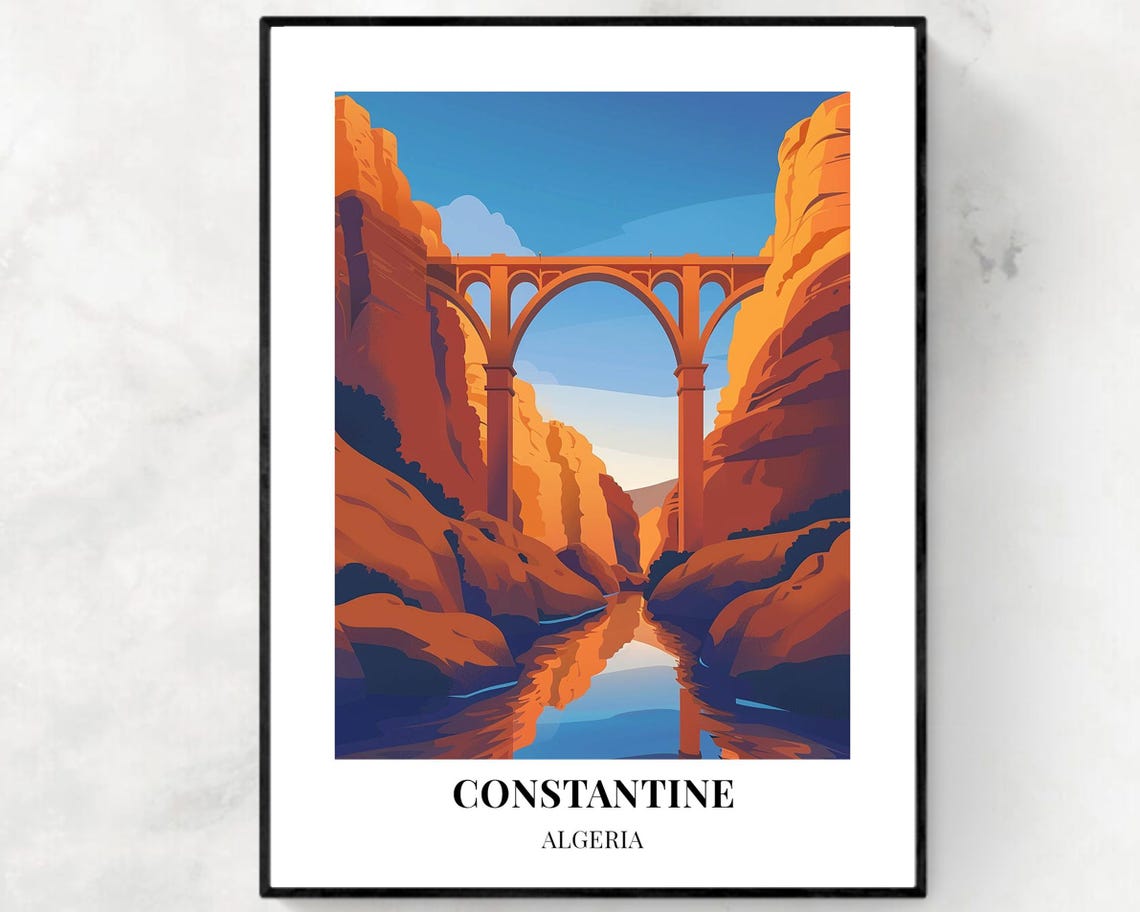 Constantine Algeria Sidi M'Cid Bridge Sunset Red Cliffs Travel Poster