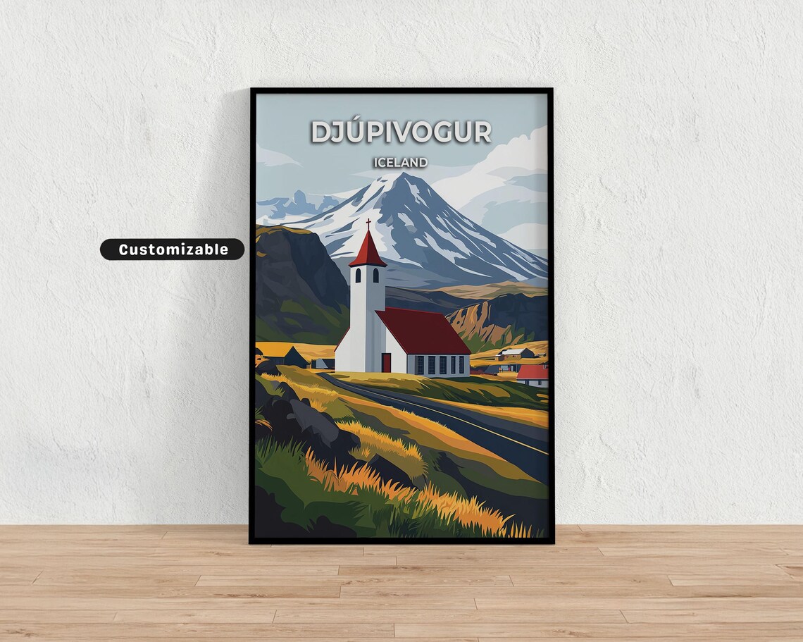 Djupivogur Iceland Church Winding Road Snowy Peak Travel Poster