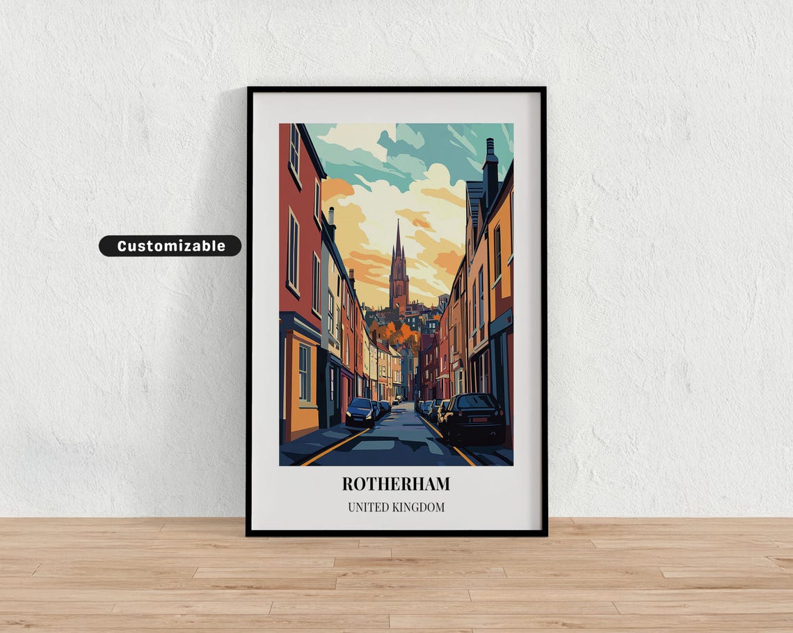 Rotherham United Kingdom Sunset Church Spire Street Travel Poster