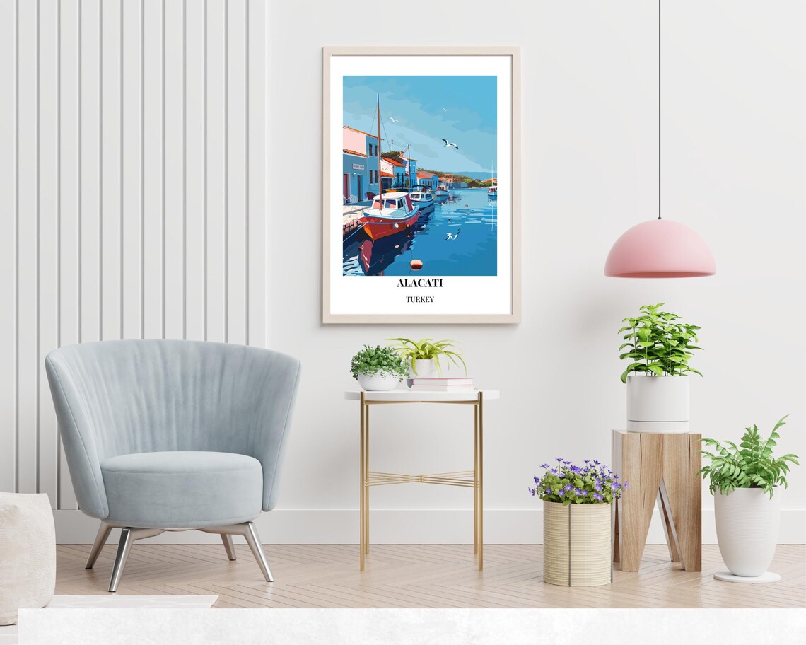 Alacati Turkey Colorful Harbor Boats Aegean Coastline Travel Poster - Image 2