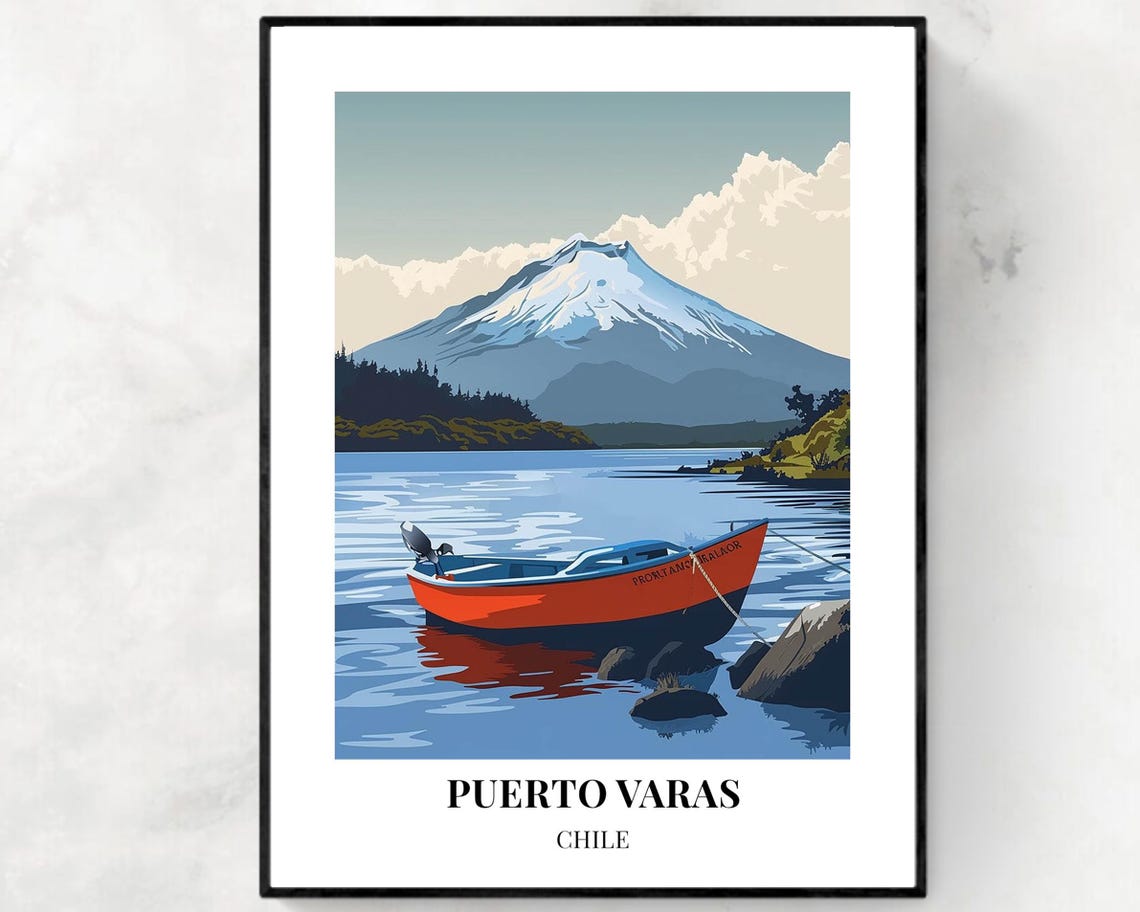 Puerto Varas Chile Red Rowboat on Calm Lake With Volcano Poster