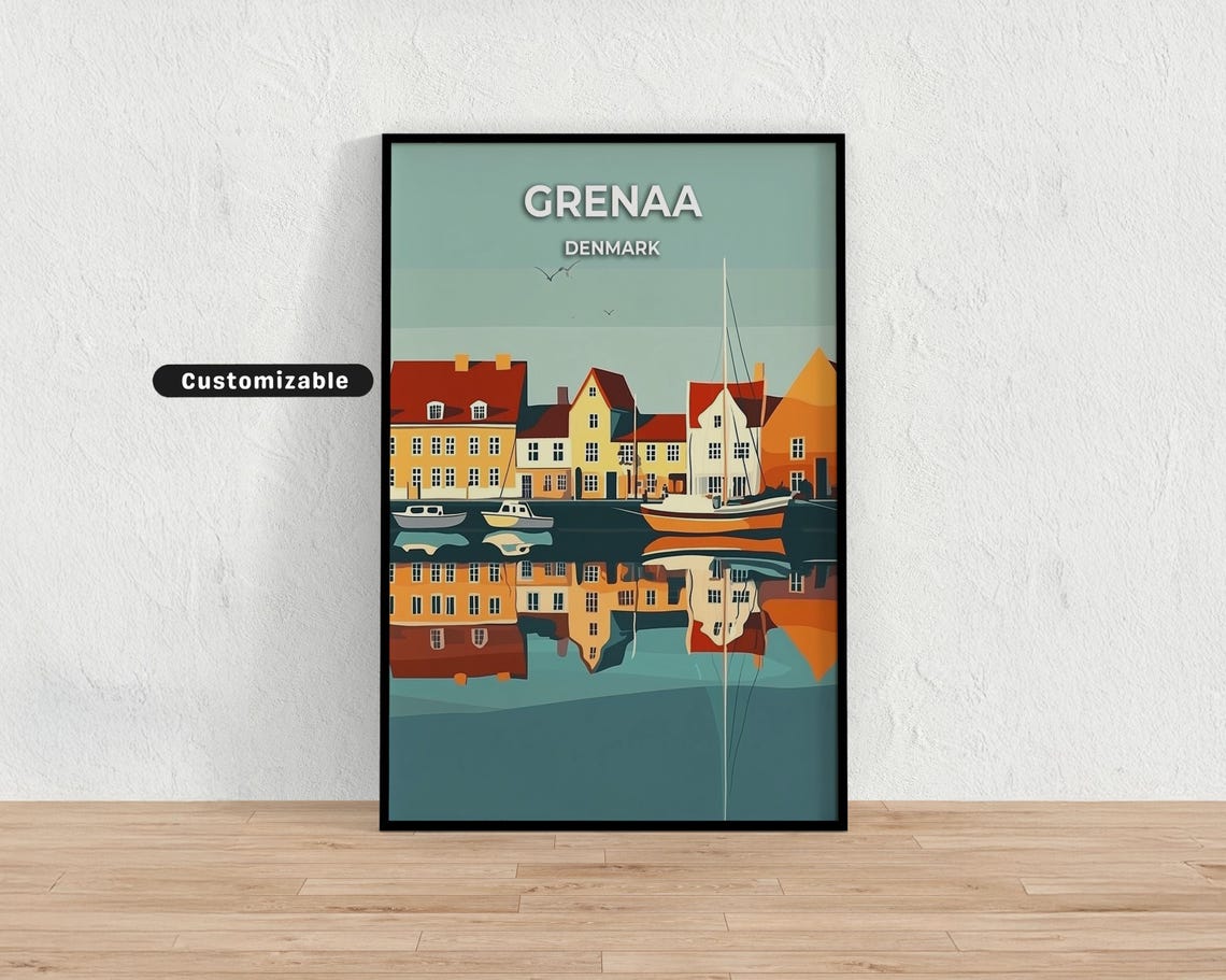 Grenaa Denmark Harbor Illustration Colorful Waterfront Poster