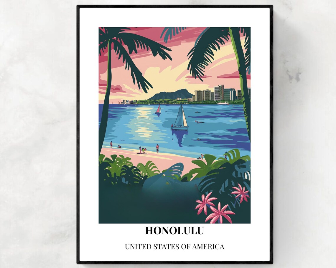 Honolulu Waikiki Beach Sailboats Sunset Hawaii Travel Poster