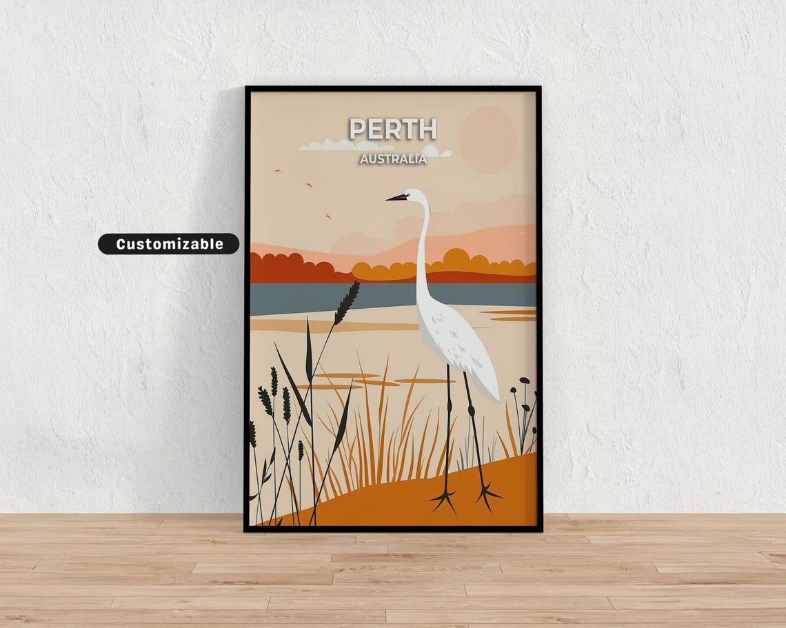Perth Australia Travel Poster White Egret Wetland Sunset Wall Decor