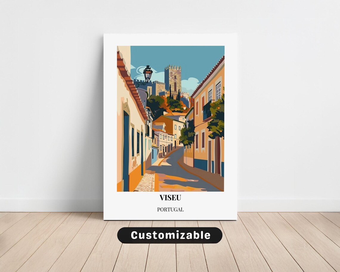 Viseu Portugal Old Town Street Medieval Tower Vintage Travel Poster