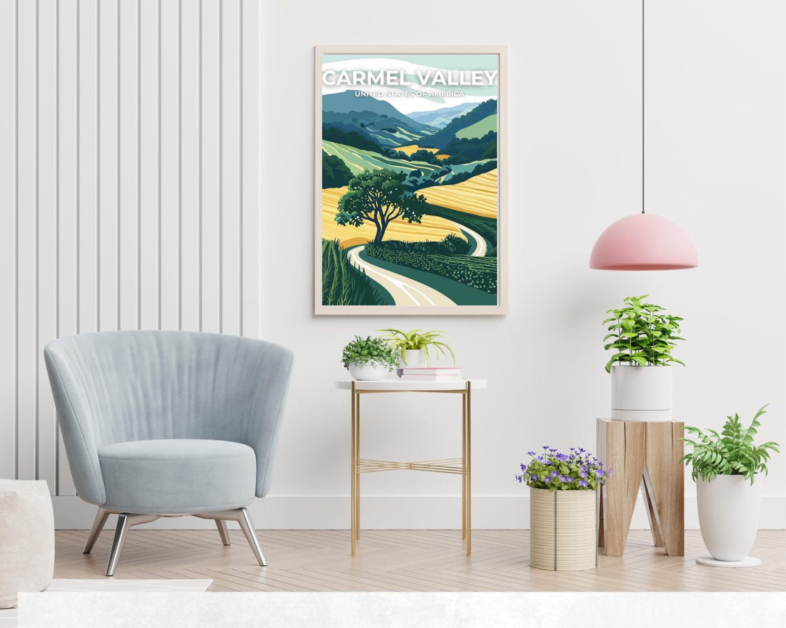 Carmel Valley Golden Hills Lone Oak Tree Travel Poster Sky Title - Image 2