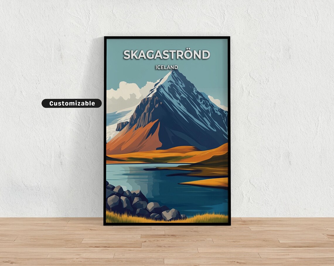 Skagaströnd Iceland Snowcapped Peak and Lake Custom Travel Poster