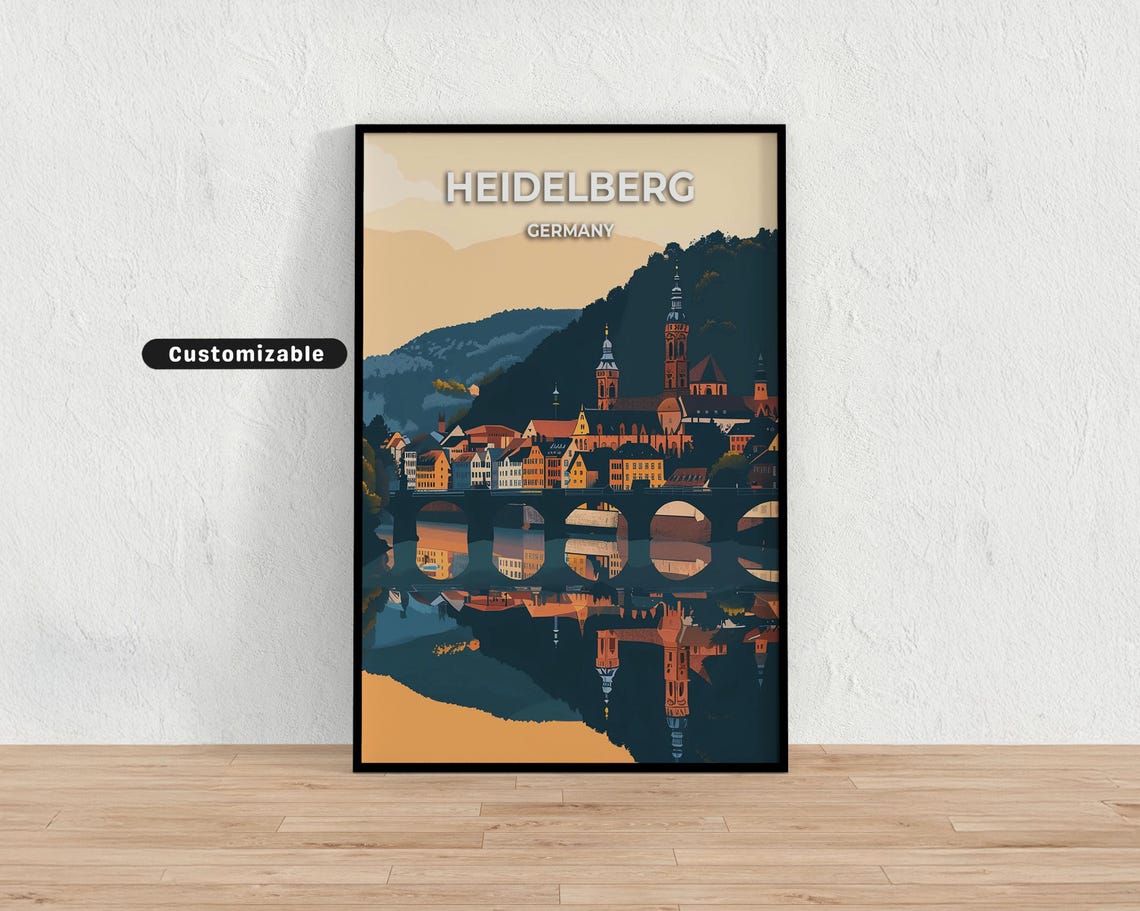 Heidelberg Germany Vintage Old Town River Bridge Dusk Travel Poster