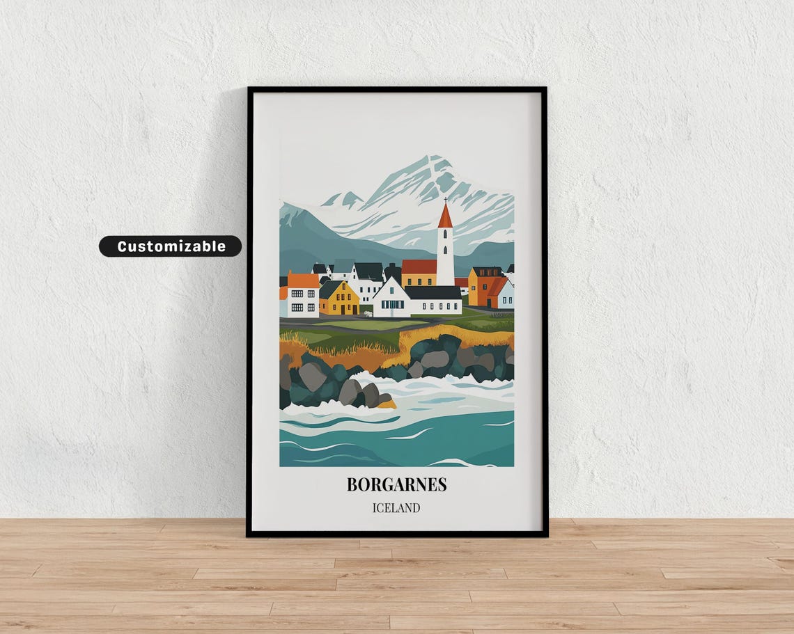 Borgarnes Iceland Colorful Town Red Church Waves Travel Art Poster