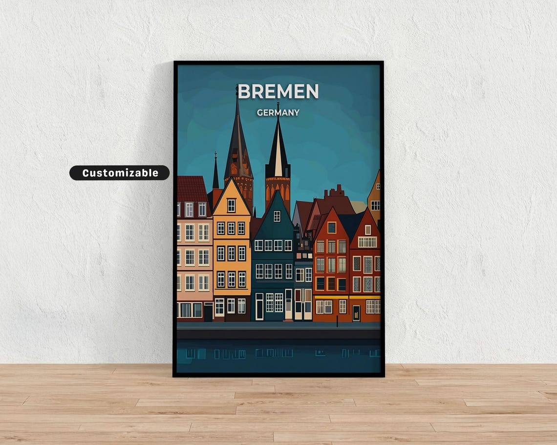 Bremen Germany Waterfront Poster with Colorful Gabled Houses at Dusk
