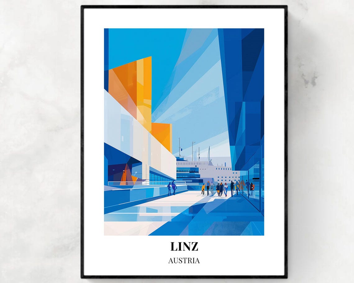 Linz Austria Abstract Blue Orange Modern Architecture Art Poster