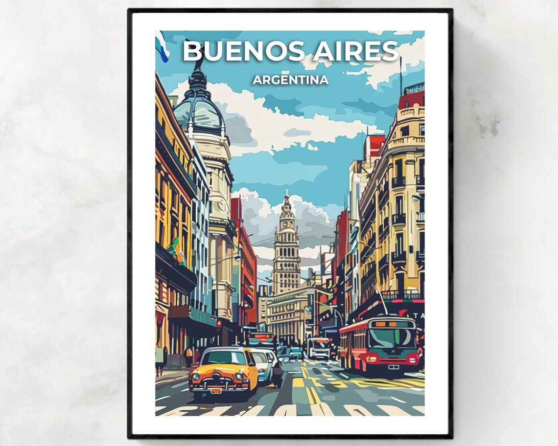 Buenos Aires Argentina Busy City Street Colorful Retro Travel Poster