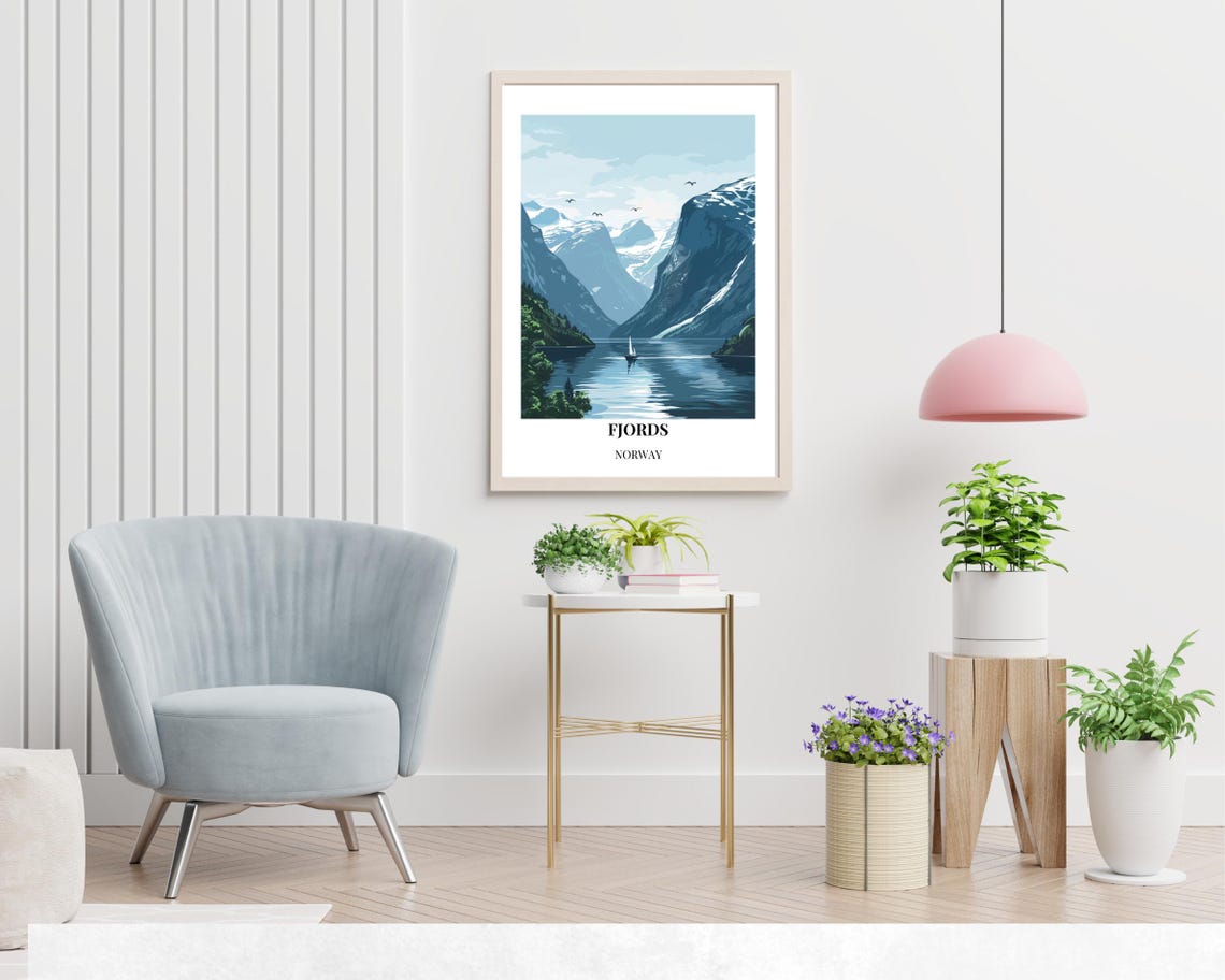 Fjords Norway Sailboat Mountain Valley Minimalist Travel Poster - Image 2