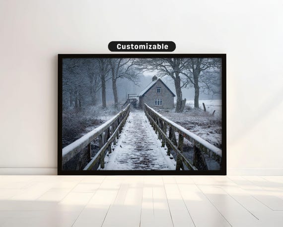 Snowcovered Footbridge Leading To Small Countryside House Japanese Wall Art Print Zen Asian Decor