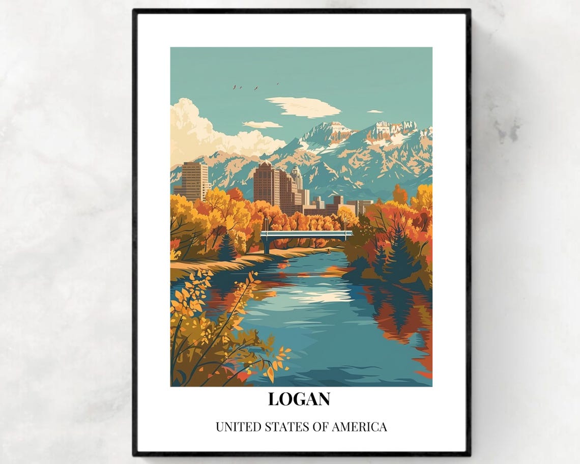 Logan Utah Autumn River Bridge Mountain Skyline Travel Poster