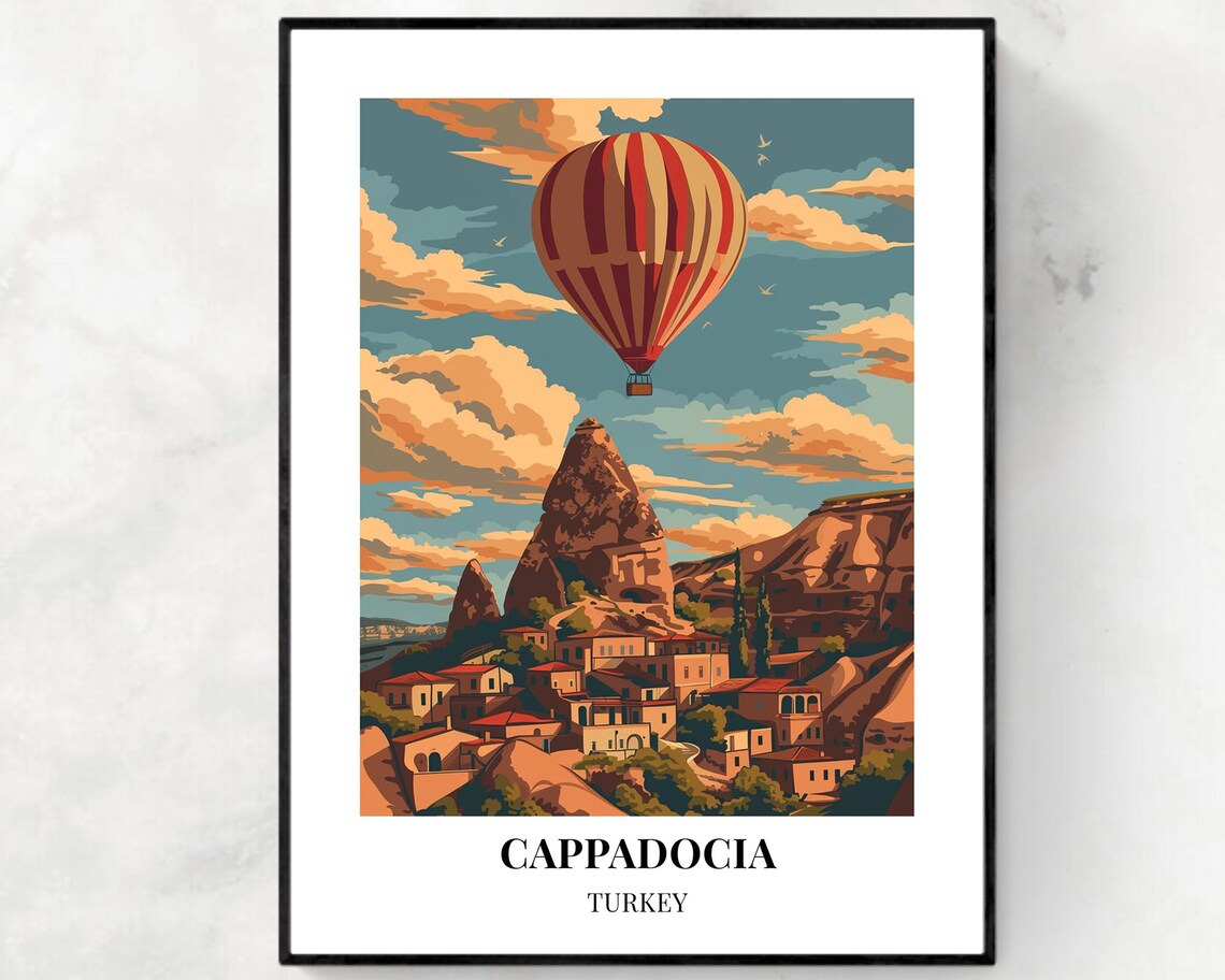 Cappadocia Turkey Hot Air Balloon Fairy Chimneys Town Travel Poster