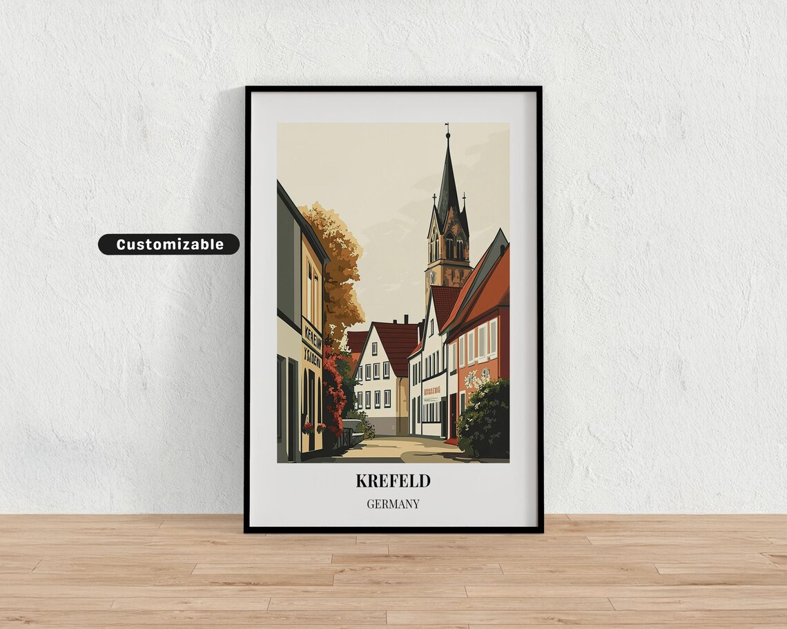 Krefeld Germany Historic Church Spire Street Retro Travel Poster