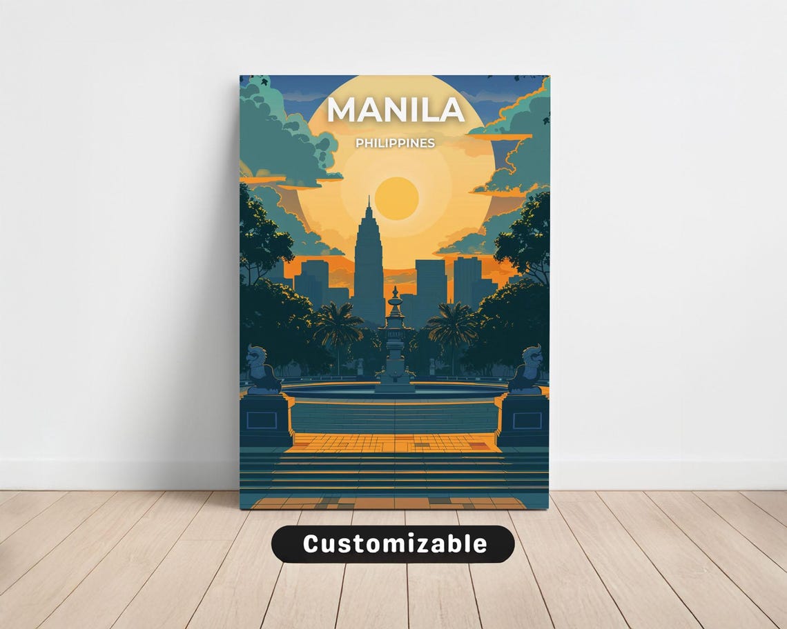 Manila Philippines Sunset Fountain Palm Trees Golden Sky Travel Poster