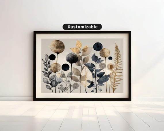 Earthy Botanical Artwork With Modern Line Shading Wall Art Neutral Minimal Print
