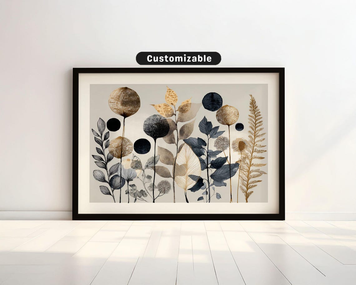 Earthy Botanical Artwork With Modern Line Shading Wall Art Neutral Minimal Print