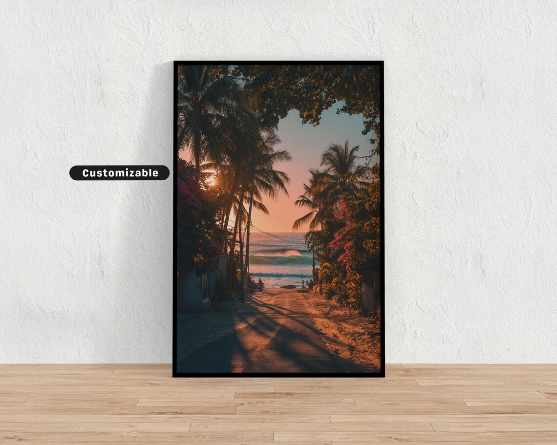 Sunset Beach Road Palm Trees Ocean Tropical Golden Vintage Photo Print