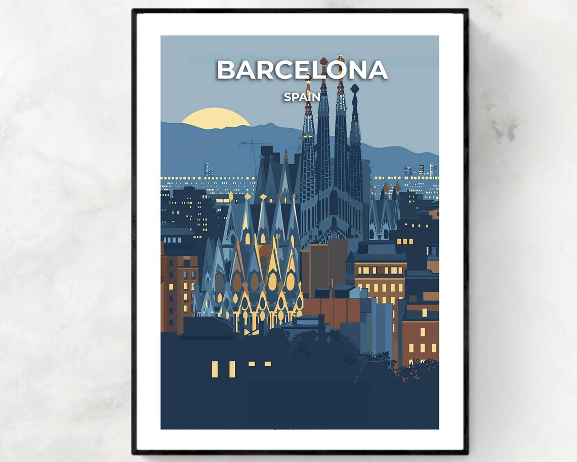 Barcelona Spain Sagrada Familia Basilica Glowing At Night Poster