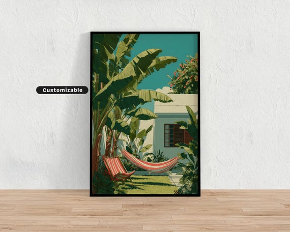 Lush Backyard With Banana Trees And Striped Hammocks Mediterranean Colorful Wall Art Tropical Illustration Print Modern Boho Home Deco