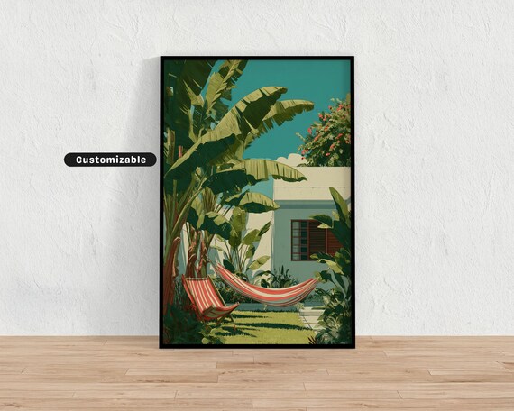 Tropical Backyard Hammock Banana Leaves Sunny Garden Escape Poster