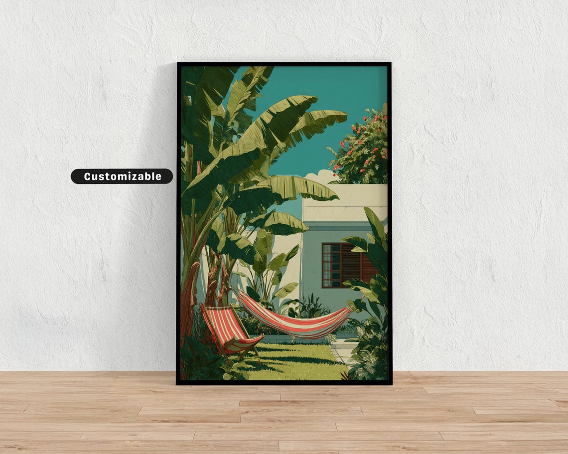 Tropical Backyard Hammock Banana Leaves Sunny Garden Escape Poster